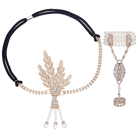 1Pc Alloy Rhinestone Mittens Multi-strand Bracelets & 1Pc Zinc Alloy Rhinestone & ABS Pearl Headbands Sets for Women