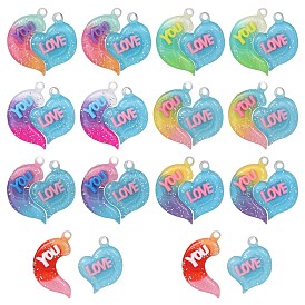 21 Sets 7 Colors Gradient Color Opaque Resin Pendants, with Glitter Powder, Couple Heart Charm with Word LOVE YOU