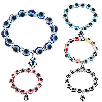 Blue Glass Evil Eye Beaded Bracelet with Fatima Hand and Demon Eye Charm for Women