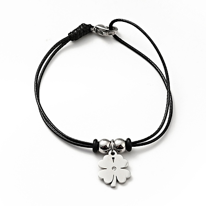 304 Stainless Steel Clover Charm Bracelet with Waxed Cord for Women