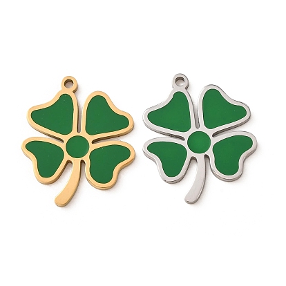304 Colgantes de acero inoxidable con esmalte verde, Dijes de trébol de cuatro hojas