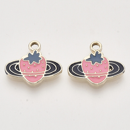 Light Gold Plated Alloy Pendants, with Enamel, Strawberry