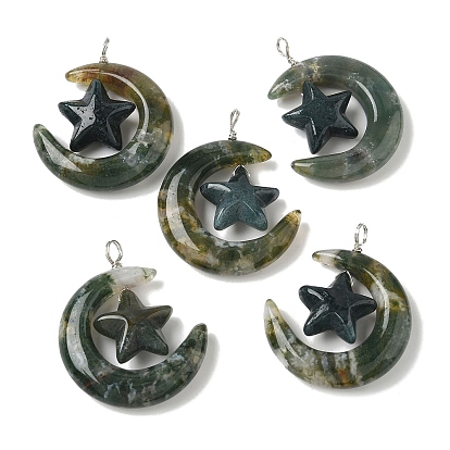 Natural Moss Agate Pendants, Moon with Star Charms, with Copper Wire Loops, Platinum