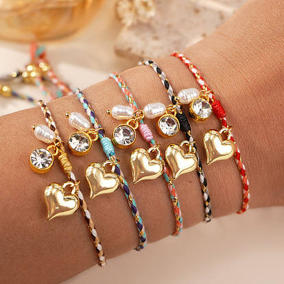 Браслеты с подвесками из латуни и искусственного жемчуга, регулируемые плетеные браслеты из хлопкового шнура для женщин, Сердце & плоские круглые