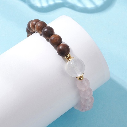 Натуральные браслеты из розового кварца, кварцевого кристалла и сандалового дерева с круглыми бусинами, эластичные, для женщин и девочек.