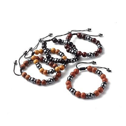 Synthetic Hematite Beads Bracelet for Men Women, Round Wood Braided Bead Bracelet