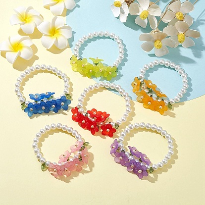 6Pcs 6 Colors Glass Pearl Beaded Stretch Bracelets Set, Acrylic Flowers Stackable Bracelets
