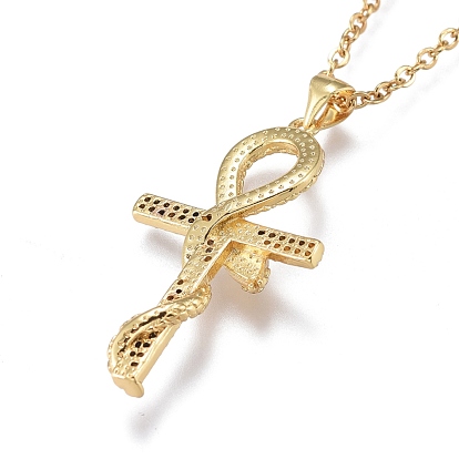 Brass Micro Pave Clear Cubic Zirconia Pendant Necklaces, with 304 Stainless Steel Cable Chains, Cross with Snake