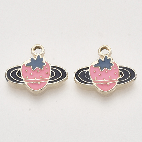 Light Gold Plated Alloy Pendants, with Enamel, Strawberry