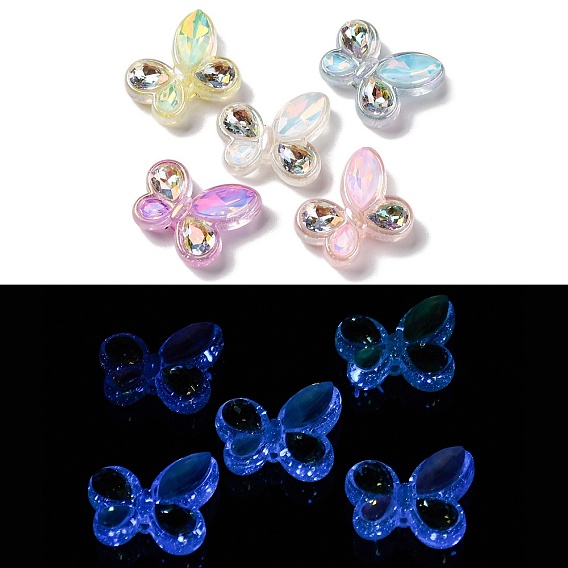Светящиеся прозрачные акриловые бусины, со стразами и золотой блестящей пудрой, светится в темноте, бабочка