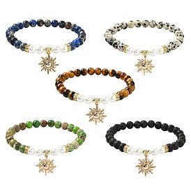 6mm Round Gemstone & Shell Pearl Beaded Stretch Bracelet Sets, Sun Brass Charm Stackable Bracelets