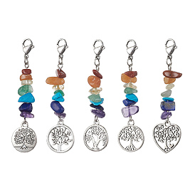 Chakra Gemstone Chips Pendant Decorations, Alloy Pendants and 304 Stainless Steel Clasp Charm, Flat Round/Heeart with Tree of Life
