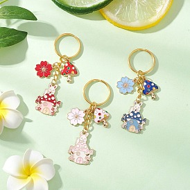 Alloy Enamel Keychains, with Iron Split Key Rings, Rabbit with Flower & Mushroom