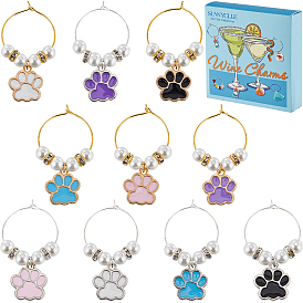 Dog Paw Print Alloy Enamel Wine Glass Charms, with Glass Beads and Brass Wine Glass Charm Rings