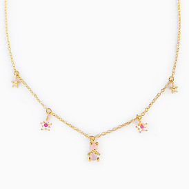 18K Bear Necklace with Pink Zirconia and Multiple Star Pendants - Artistic Fashion Accessory