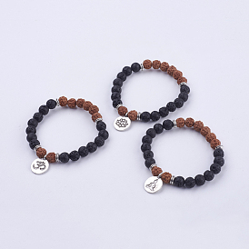 Yoga Chakra Jewelry, Lava Rock Bodhi Wood Beads and Stretch Charm Bracelets, with Tibetan Style Alloy Findings