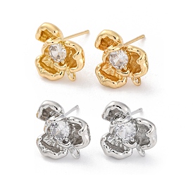 Brass Micro Pave Clear Cubic Zirconia Stud Earrings Finding, Flower