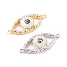 Brass Micro Pave Cubic Zirconia Links Connectors, with Abalone Shell/Paua Shell & Natural White Shell, Cadmium Free & Nickel Free & Lead Free, Eye, Clear