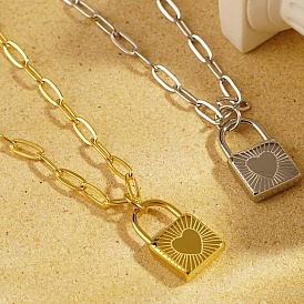 Titanium Steel Paperclip Chain Heart Lock Pendant Necklaces for Men and Women