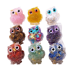 Resin Owl Display Decoration, with Natural Gemstone Chips inside Statues for Home Office Decorations