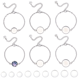 12Pcs 3 Styles 304 Stainless Steel Cable Chain Bracelet Making, with Lobster Claw Clasps and Flat Round Cabochon Settings, with 12Pcs 3 Styles Transparent Glass Cabochons