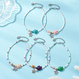 Браслеты на лодыжку с подвесками в виде морской звезды из искусственной бирюзы, окрашенной в летний пляжный цвет, и бисером из стеклянных бусинок.