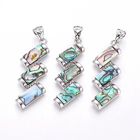 Natural Shell Big Pendants, with Platinum Tone Brass Findings and Rhinestone, Wave