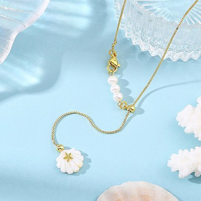 Colliers lariat en laiton et perles naturelles pour l'été, Colliers à pendentif ajustables en coquillage blanc naturel sculpté, blanc