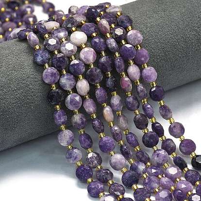 Натуральные лепидолитовые бусины, граненый шестиугольный разрез, плоско-круглые, с бисером