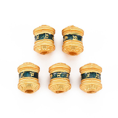 Rack Plating Alloy Enamel Beads, Cadmium Free & Nickel Free & Lead Free, Matte Gold Color, Column with Word Om Mani Padme Hum, for Buddhist