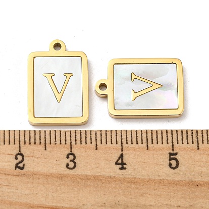 304 Stainless Steel Pave Shell Pendants, Rectangle Charms with Letter V/Letter Z