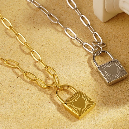 Stainless Steel Paperclip Chain Heart Lock Pendant Necklaces for Men and Women