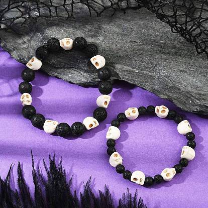 Браслеты из натуральных лавовых камней и синтетических бирюзовых бусин, череп