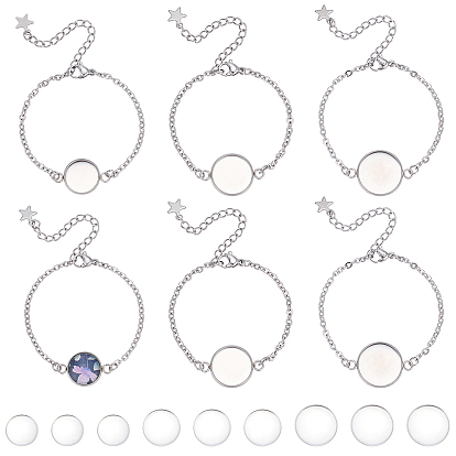 12Pcs 3 Styles 304 Stainless Steel Cable Chain Bracelet Making, with Lobster Claw Clasps and Flat Round Cabochon Settings, with 12Pcs 3 Styles Transparent Glass Cabochons