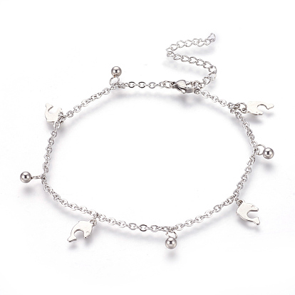 304 Stainless Steel Charm Anklets, Dolphin and Round