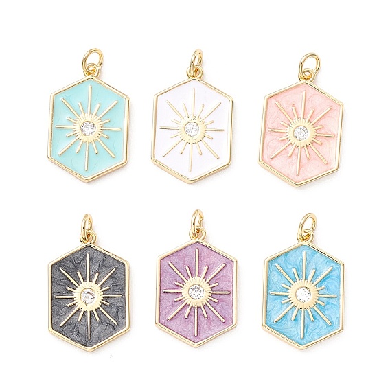 Латунные микропаве прозрачные подвески с фианитом, с эмалью и кольцом для прыжков, реальный 18 k позолоченный, без свинца, без кадмии и без никеля, шестиугольник