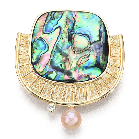 Natural Paua Shell Fan Brooches with Natural Baroque Pearl, Brass Pacve Cubic Zirconia Pins