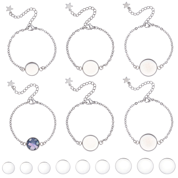 12Pcs 3 Styles 304 Stainless Steel Cable Chain Bracelet Making, with Lobster Claw Clasps and Flat Round Cabochon Settings, with 12Pcs 3 Styles Transparent Glass Cabochons