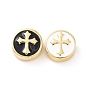 Brass Enamel Beads, Cadmium Free & Lead Free, Long-Lasting Plated, Flat Round with Cross, Real 18K Gold Plated