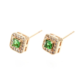 Green Glass Square Stud Earrings with Cubic Zirconia, Brass Jewelry for Women, Nickel Free