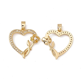 Brass Micro Pave Clear Cubic Zirconia Pendants, Heart with Rose Charm