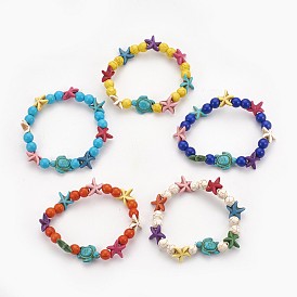 Synthetic Turquoise(Dyed) Beads Kids Stretch Bracelets, Sea Turtle & Starfish/Sea Stars & Round