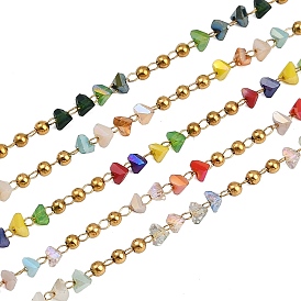 304 цепи из бисера ручной работы из нержавеющей стали, со стеклянными бусинами, ионное покрытие (ip), несварные, реальный 18 k позолоченный, круглый с наггетсами