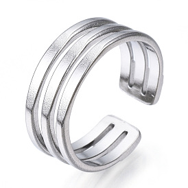 304 Stainless Steel Triple Line Open Cuff Ring, Hollow Chunky Ring for Women