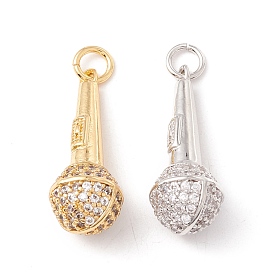 Brass Micro Pave Clear Cubic Zirconia Pendants, with Jump Rings, Cadmium Free & Lead Free, Long-Lasting Plated, Microphone