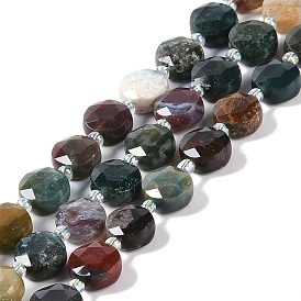 Natural Indian Agate Beads Strands, with Seed Beads, Faceted Hexagonal Cut, Flat Round