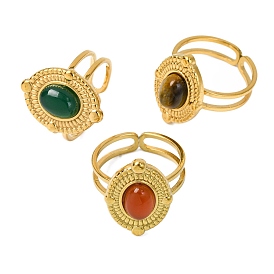 Oval Natural Gemstone Finger Rings, Golden Tone 304 Stainless Steel Open Cuff Rings for Women