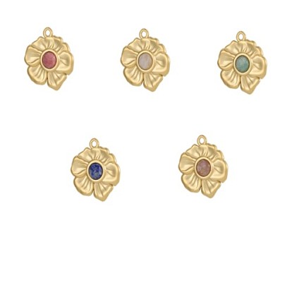 304 Подвески из нержавеющей стали и бусин из натуральных драгоценных камней, цветочный шарм, ионное покрытие (ip), реальный 18 k позолоченный