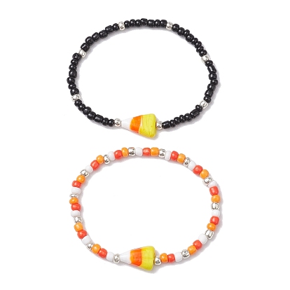 2Pcs 2 Colors Halloween Candy Corn Acrylic & Glass Seed Beaded Stretch Bracelet Sets, Stackable Bracelets for Women