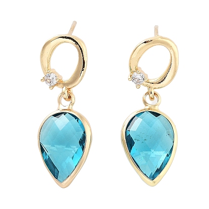 Brass Micro Pave Cubic Zirconia Stud Earrings, Glass Teardrop Drop Earrings